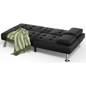 Futon Sofa Bed, Leather Futon Couch with Removable Armrests, Adjustable Recliner Sleeper Sofa Bed with Dual Cup Holders for Living Room, Apartment, Office (Black)