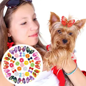 36pcs Elastic Mixed Color Bow Decor Rubber Band Dog Pet Hair Accessories, Macaron Color Small Graffiti Bow Head Flowers Mixed Dog Cat Hair Accessories