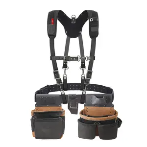 Trutuch Black and Brown Oil Tanned Leather Tool Belt with Pocket Suspender & Tool Pouch Bag - 100% Genuine Grain Leather, Comfortable Adjustable Suspenders