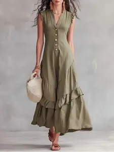 Spring And Summer New Sleeveless Vneck Open Front Long Skirt, Casual And Relaxed Vacation Style Elegant Temperament Women'S Sleeveless Dress