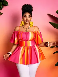 Women's Plus Size Gradient off Shoulder Blouse, Colorblock Leaf Hem, Casual Summer Vacation Top, Slim Fit Short Sleeve