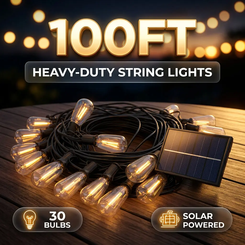 100FT Solar Outdoor String Lights with Remote, Shatterproof LED Bulbs, Waterproof Commercial Grade Hanging Patio Lights, 8 Lighting Modes, Dimmable & Timer, Heavy-Duty Golden Glow Lights for Backyard, Garden, Porch, Party, Home Decor