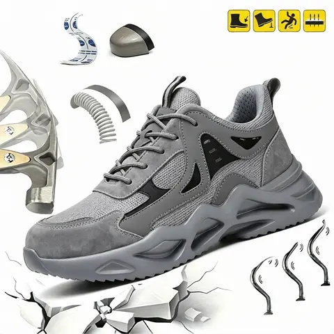 Men's Industrial Male Work Safety Shoes - Closed Nylon Round Steel Toe, Lightweight, Anti-Puncture, Slip-Resistant, Breathable Synthetic Cloth, Athletic Lace-Up Walking Shoes, Multi-Protection Safety Gear, All-Seasons Indoor/Outdoor Footwear