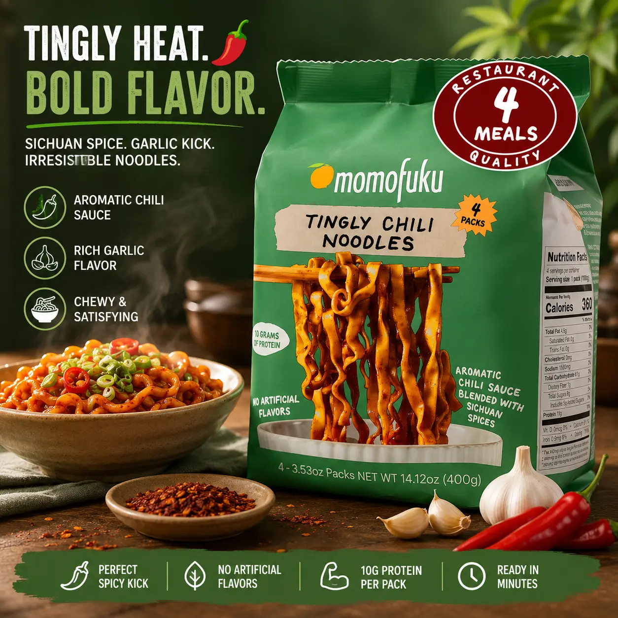 Momofuku Spicy Tingly Chili Ramen Noodles by David Chang, 4-Pack Restaurant-Quality Instant Noodles with More Sauce & 11g Protein