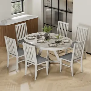 VECELO 5/7 Piece Dining Table Set, Solid Wood Extendable Round Dining Table With 4/6 Chairs Set Rubber Wood Kitchen Dinette Set For Dining Room, Living Room