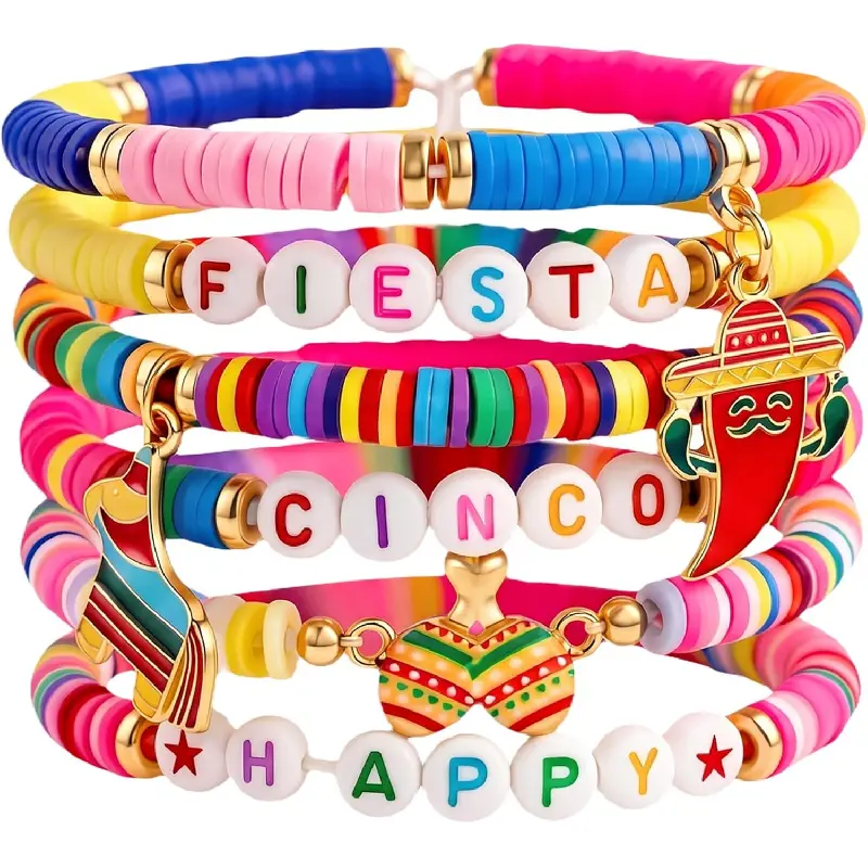 Cinco De Mayo Women's Shirts & 6-Pack Colorful Stackable Mexican Icons Rainbow Beads Men's Bracelets - Cost-Effective Fiesta Party Favors Supplies, Stretchy Elastic Cord, Chili Pepper Taco Party Accessories (1 Size)