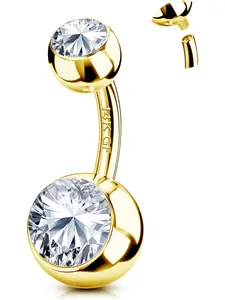 Belly Button Ring in Steel Titanium Silver Color Gold Plated with Cubic Zirconia, 14g Internally Threaded Hypoallergenic Body Jewelry for Women