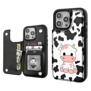 Cow print Aesthetics Pattern Phone Cases Compatible For With iphone 17 16 15 14 13 12 PRO PLUS MAX Air PU Black Durable Flip High quality Leather Credit Card Bag Holder Mother Gift Wallet Shockproof Anti-Drop Full Protection Phone Cases Shell Cover