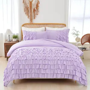 Lavender  Bedding Sets for Girls, 3 count Multi Layers Ruffle Comforter Set, Washed Microfiber Farmhouse Princess Bedding Set, Boho Bed Sets for  Teens (Purple,)