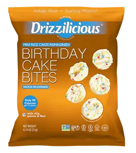 Mini Sized! - 0.74 Ounce Bags -Drizzilicious Birthday Cake Bites - Snack-Size Single-Serve Rice Crisps, Healthy Gluten-Free Vegan Treats, 90 Calories Per Bag, 0.74 oz