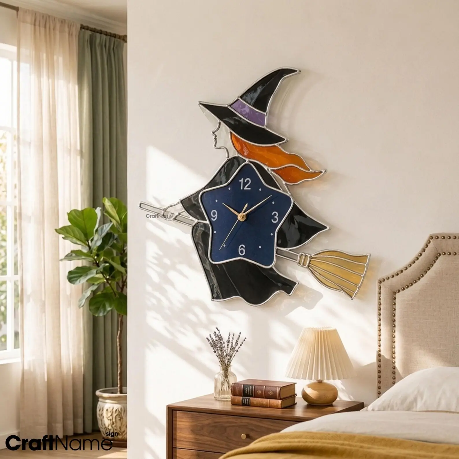 CraftNameSign Witch Wall Clock, Halloween Wall Clock, Witch Decor, Flying Witch Clock, Stained Glass Wall Clock, Gothic Home Decor, Halloween Home Decor, Witchy Room Decor, Spooky Wall Art, Handmade Wall Clock