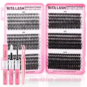 RITALASH 580Pcs Lash Clusters Kit with Bond&Seal 6 Styles Clusters Lashes Extension Volume Soft Eyelash Extension Kit 30D40D50D60D80D100D D Curl Wispy Natural DIY Individual Lash Clusters Kit for Beginners Eyelashes Extension Kit