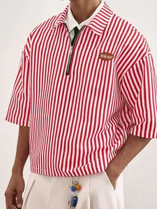 Men's casual Classic polo shirt, a young and stylish zip-up polo shirt, made of simple and casual striped fabric, suitable for everyday wear, short-sleeved collared T-shirt/polo shirt.
