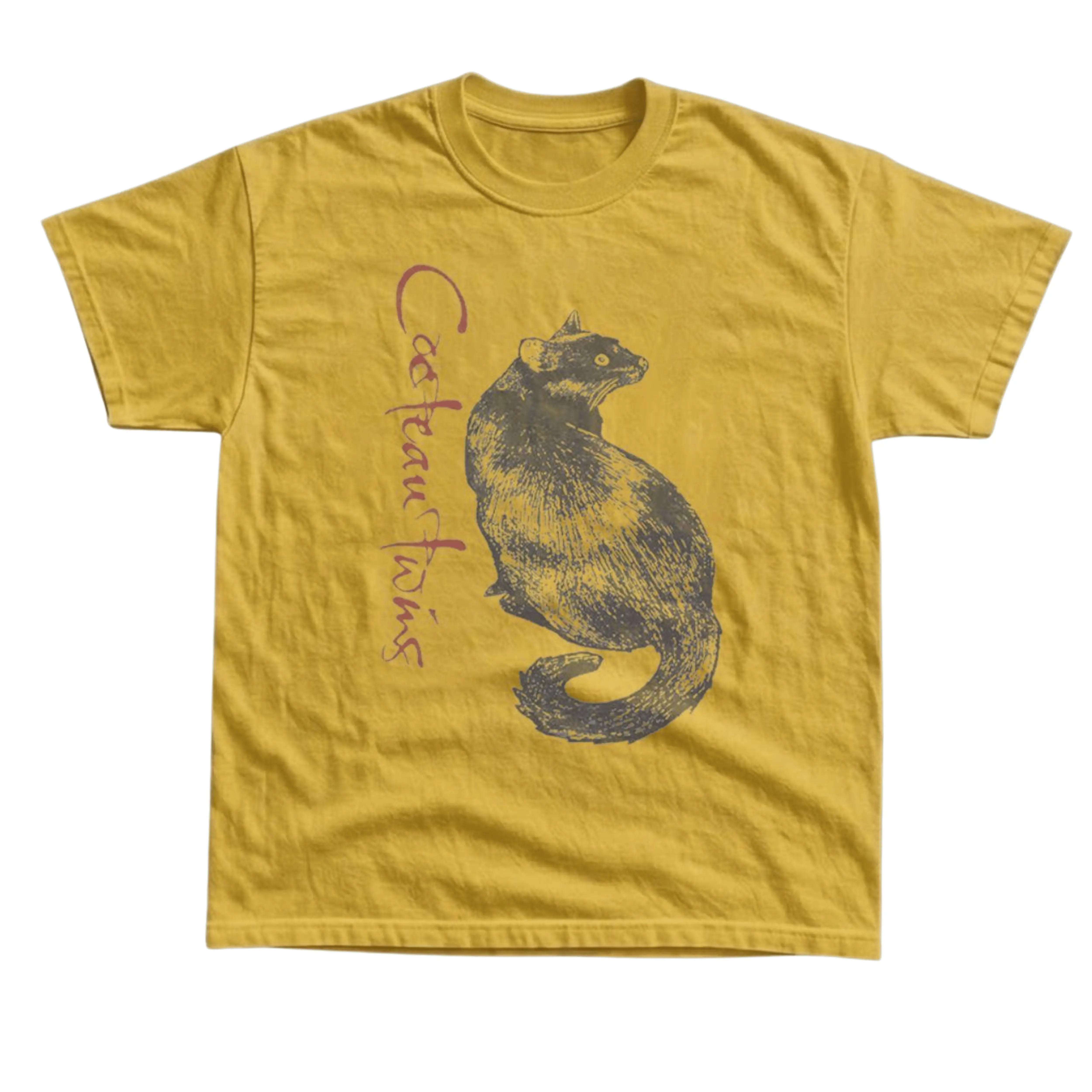 Gildan Men's and Women's T-shirt, Vintage Cocteau Twins Cat Graphic Tee, Mustard Yellow, Retro Band Shirt, Post Punk Indie Rock Merch, Cute Cat Sketch Art, Goth Grunge Aesthetic, Alternative Fashion, Cursive Script, Casual Unisex Top, Gift Idea