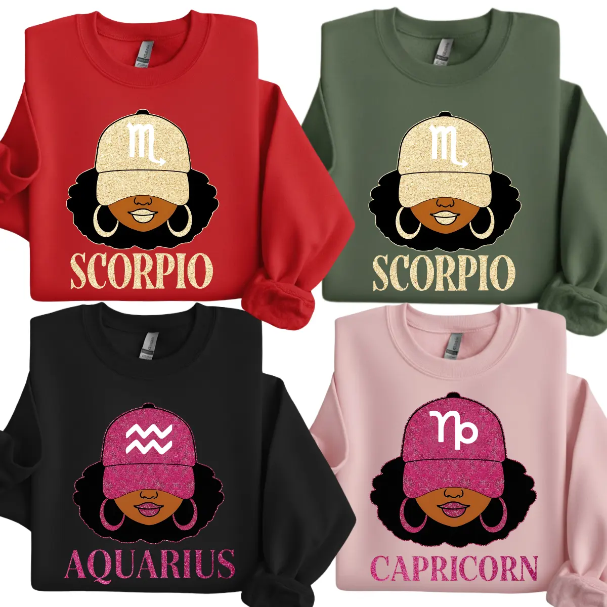 [All 12 Zodiac] Black Queen Zodiac Slay Girl Sweatshirt – Glitter Astrology Hat Graphic for Adults, Full Horoscope Star Sign Collection with Bold Zodiac Letter Design, Unisex Astrology Gift for Men & Women.