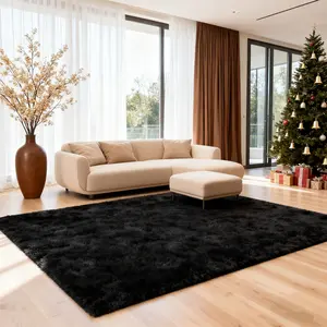 Shag Area Rugs for Living Room Bedroom , 5x8 Ultra Soft Fluffy Non-Slip Rug, Washable Indoor Carpet for Dorm Nursery Kids Room, Black Home Decor