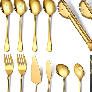 Stainless Steel Serving Utensil Set 12 Pcs with Large Slotted Spoon Forks Soup Ladle Tongs Pie Server Butter Knife for Parties Kitchen Buffet Catering Gold