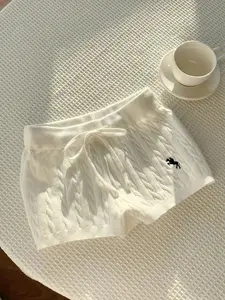 Women's Versatile Comfortable Soft Knitted Fitted Shorts with Embroidery Details, Ideal for Daily Home and Casual Outings, All Seasons, Knitwear