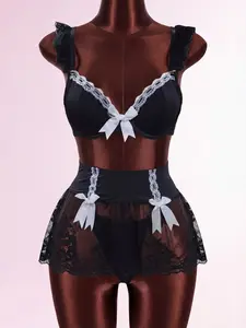 Female Servant Role Play Strappy Lingerie Set, Lace Doll Dress with Bow Short Skirt, Cosplay Costume for Women