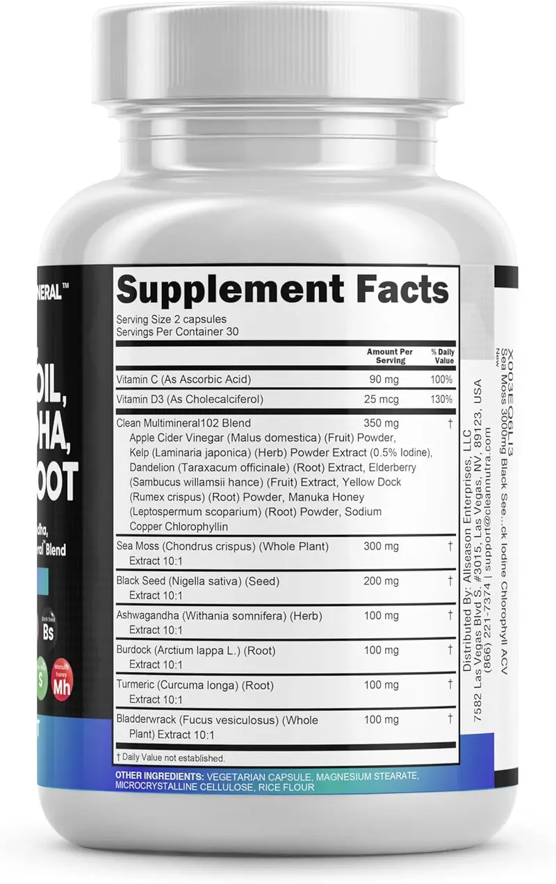 Product Introduction of Clean Nutraceuticals Sea Moss, Black Seed Oil, Ashwagandha, Turmeric, Bladderwrack, Burdock, Vitamin C, Vitamin D3 with Elderberry Manuka Supplement Capsules – MultiMineral 23