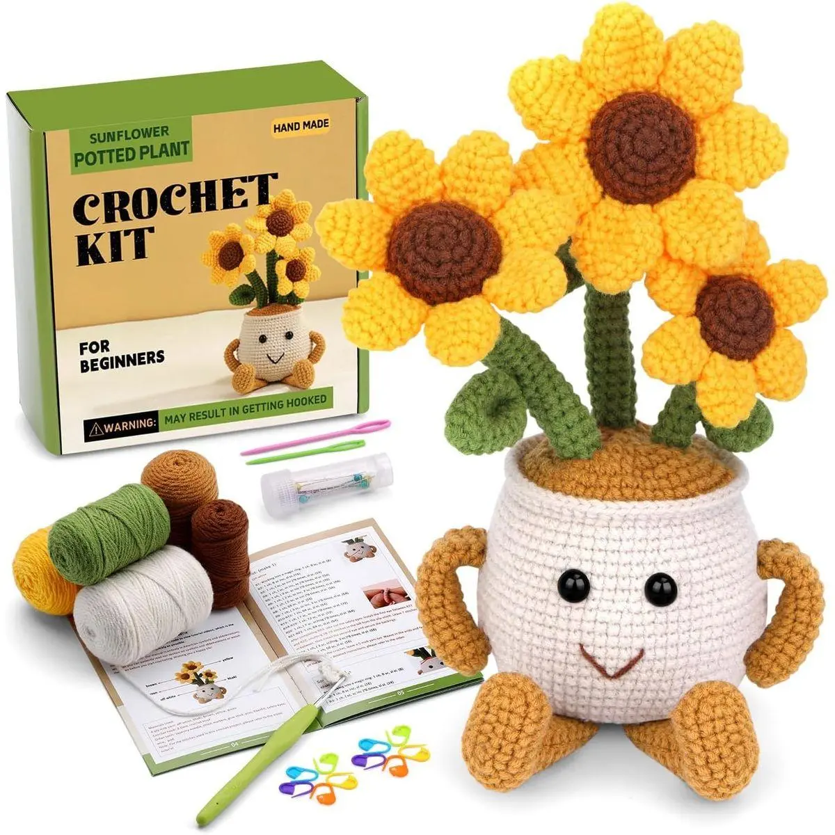 Crochet Kits for Beginners, Sunflower Potted Beginner Crochet Kit for Adults Kids, Crochet Starters Kit with Step-by-Step Video Tutorials for Mother's Day DIY Craft