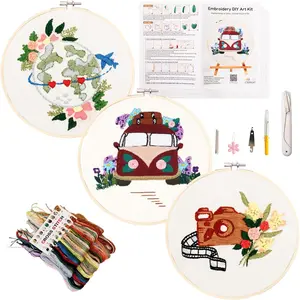 Embroidery Kit for Beginners and Adults with Video Tutorials - Complete Embroidery Starter Kit with 3 Stamped Floral Patterns, Hoops, Threads, , and Instructions (, Globe and Camera)
