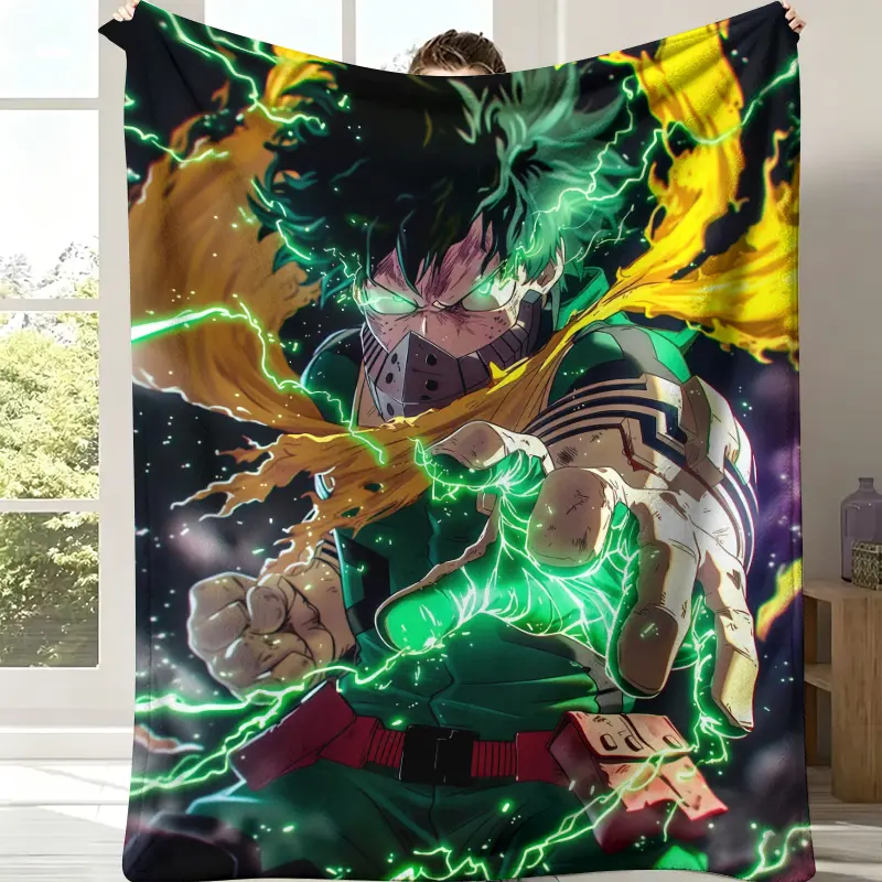 My Hero Academia Izuku Midoriya Flannel Throw Blanket - Dark Star Background,Deku Full Power One For All Green Lightning, Yellow Torn Cape Battle Portrait, Soft Fleece, MHA Superhero Anime Fan Bedroom Decor, All-Season Gift