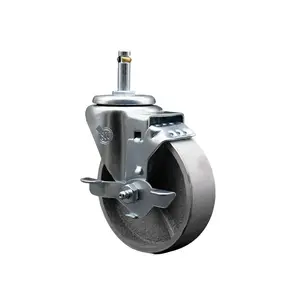 Service Caster SCC-GR20S414-SSS-TLB-716138 Semi Steel Cast Iron Swivel Grip Ring Stem Casting Metal Caster, 4x1.25 in. Silver Wheel, 0.43 in. Stem, Top Locking Brake, Casting Metal Castors