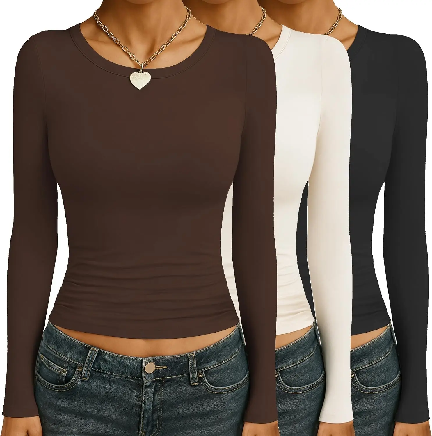 Womens 3 Pack Long Sleeve Shirts Ruched Side Fitted Undershirts Round Neck Underscrubs Thermal Tops XS-XXL