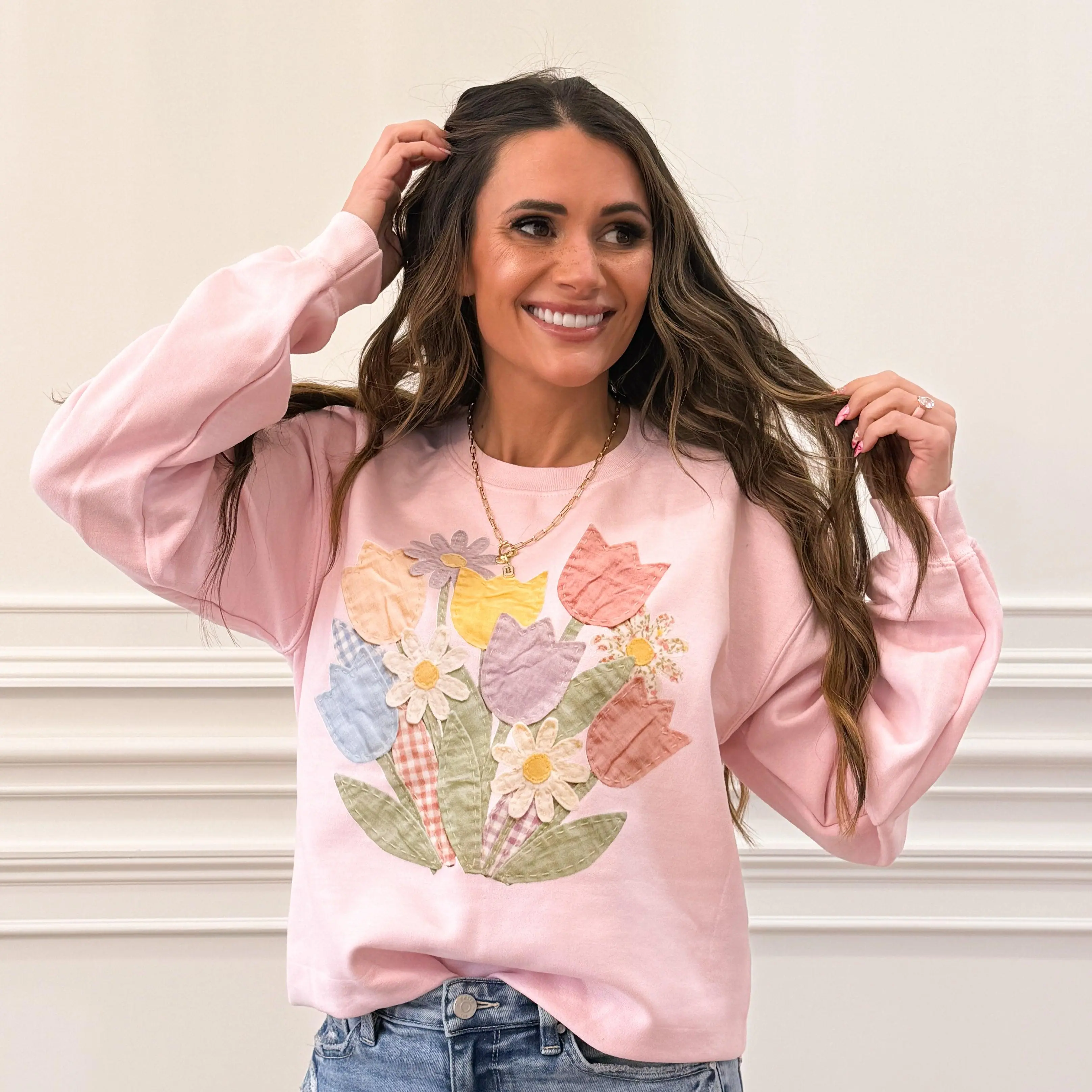 Faux Quilt Style, DTF Print, Tulips & Wildflowers Sweatshirt (NOT Real Fabric Patches)