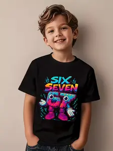 Cool Robot Six Seven Print Boys' Casual Short Sleeve T-Shirt, Fitted Round Neck Sportswear, Humorous Gift for Brothers, All Seasons