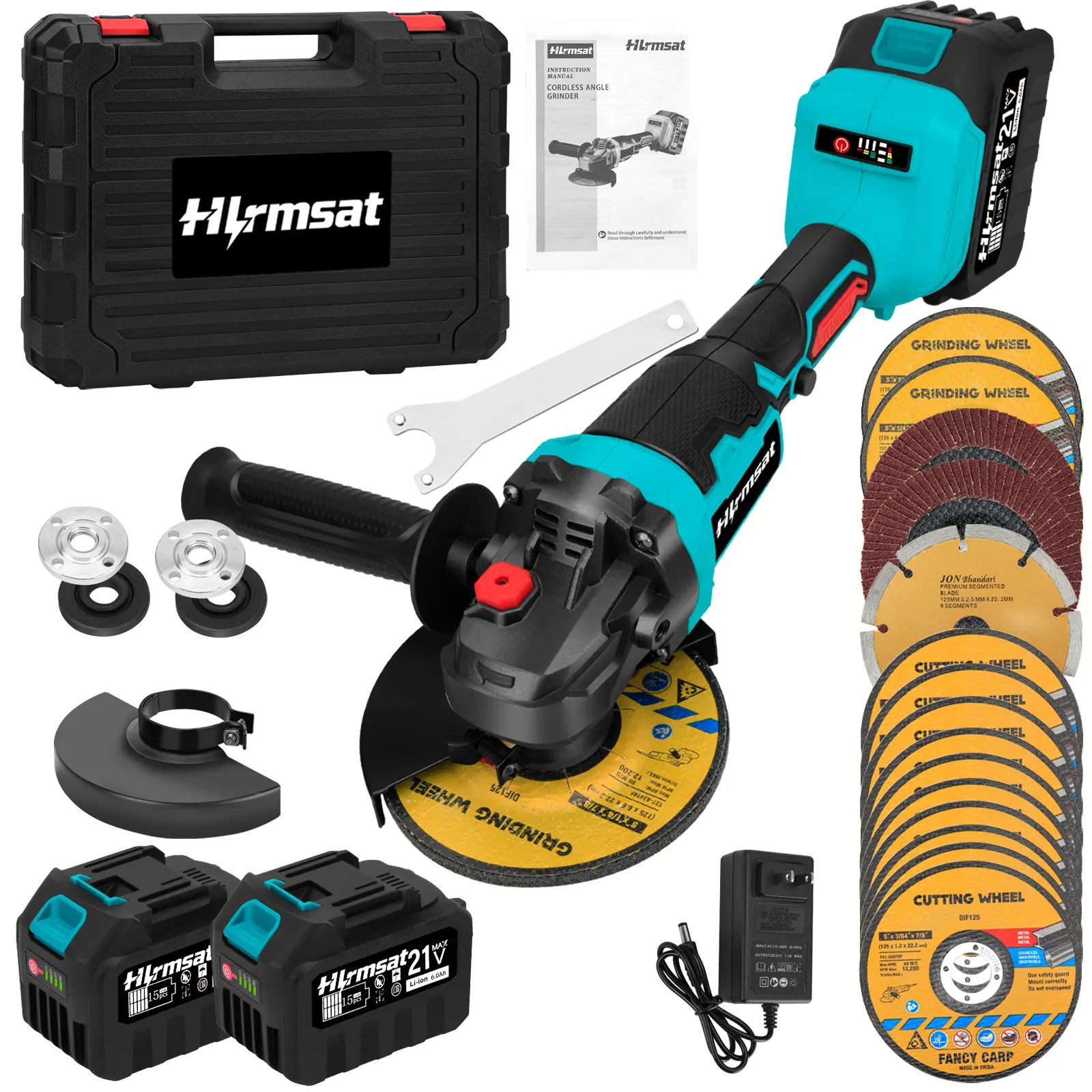 Hlrmsat Cordless Angle Grinder 5-Inch,21V Brushless Power Grinder Tool with 2x6.0Ah Battery & Charger,10000RPM Variable Speed Amoladora Angular,Esmeriladora for Metal Cutting,Grinding,Polishing