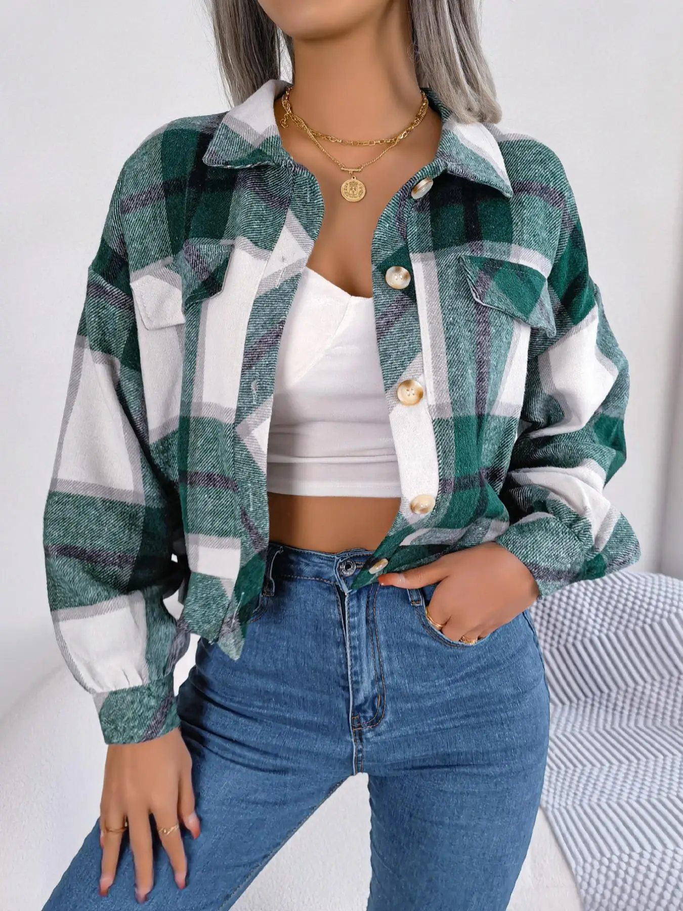 Women's Plaid Print Collared Long Sleeve Button Front Jacket, Pocket Design Drop Shoulder Button Up Outerwear For Spring & Fall, Women's Clothing