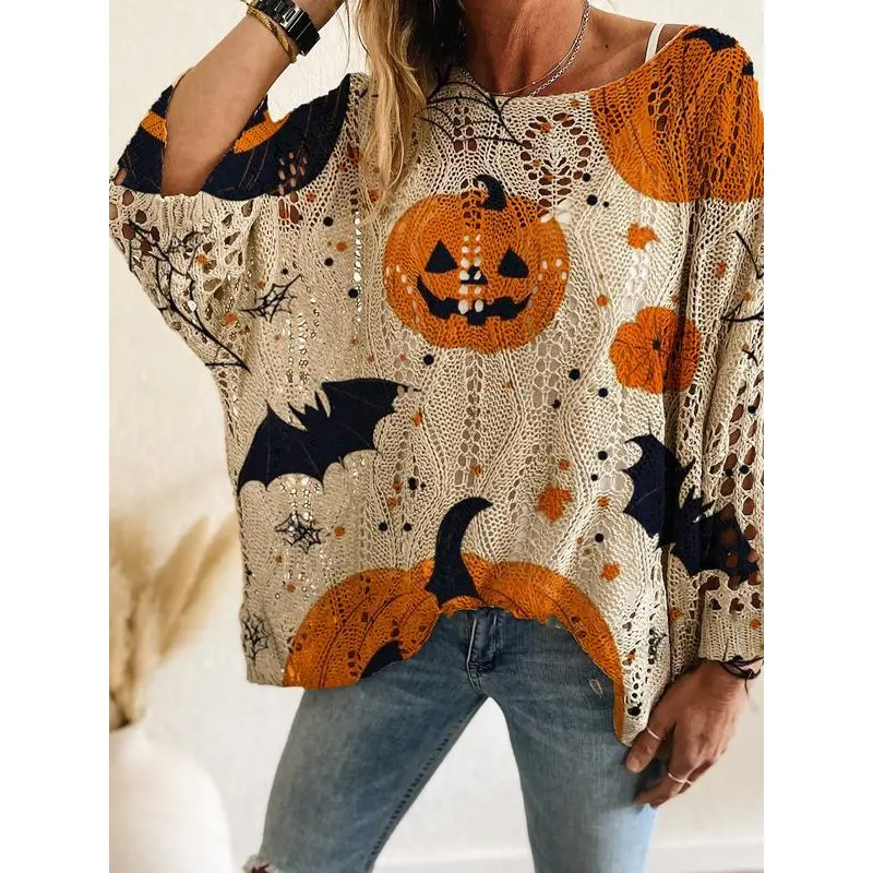 Women's Halloween Lightweight Knit Sweater - Drop Shoulder Crewneck, Casual Pumpkin Print Longsleeves Top for Fall Holidays, Knitted Sweater, Knitting, Loose, Crew Neck, Oversized Cut, Relaxed Shape