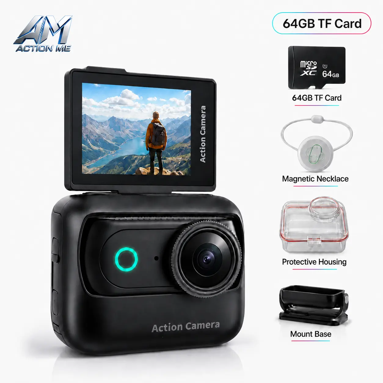 【Action Me】 Portable vlogging camera Action Camera w/ Flip Screen, Hands-Free POV Vlog Camera, Phone-Compatible, Includes Charging Case & Cap Mount (Blk/Wht/Pnk) - Free Protective Case Included tiktokshopbacktoschool