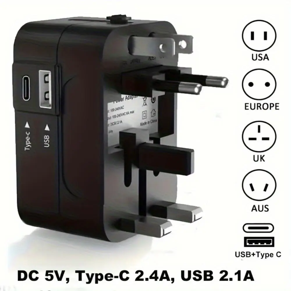 Universal Travel Adapter with USB & Type-C Ports, 1 Count All-in-One Wall Charger, USB Power Outlet, Multi Plug Outlet, Worldwide Power Plug Converter for USA, EU, UK, AUS, and More, Socket Adapters, International Plug, Universal Sockets