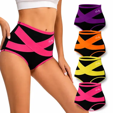 Women's 4 Pcs Mixed Colors Elastic Undergarments Set - High-Waist Shaper Panties, Seamless Shaping Briefs, Full Coverage Skin Friendly Compression Undergarments for Midsection Smoothing