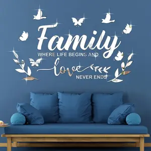 Mirror Family Wall Letter Quotes Decor 3D Acrylic Wall Decal Stickers DIY Removable Art Decals Motivational Butterfly Mural Stickers for Home Decor(Silver)
