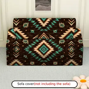 1Pc Aztec Geometric Pattern Brown Turquoise Stretch Sofa Cover - Soft, Breathable with Elastic Fit, Machine Washable, Thanksgiving Perfect for Living Room & Study Decor, Sofa Covers for Living Room, Elastic Sofa Slipcover.