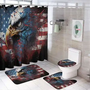 American flag bald eagle 3D Printing Photo Style shower curtain Sets with Rugs 4 Piece Gold Flowers Leaves Bathroom Decor Set with Non-Slip Rugs Toilet Lid Cover and Bath Mat, Home Bathroom Shower Curtain Set with 12 Hooks