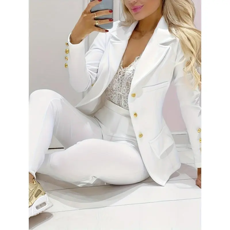 Women's 2-Piece Slim Cut Suit Set - Polyester Jacket & Pants, Basic Chic All-Seasons Womenswear, Machine Washable for Daily Office Use, Spring Summer Outfit