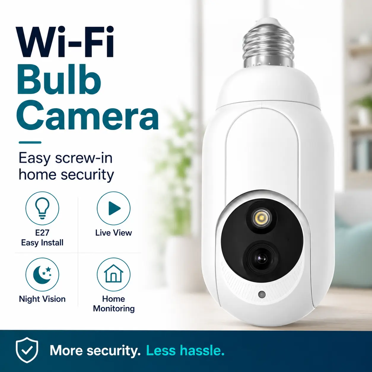 3MP WiFi Bulb Camera for Home, Easy E27 Installation, Motion Alerts, Remote Viewing and Two-Way Talk