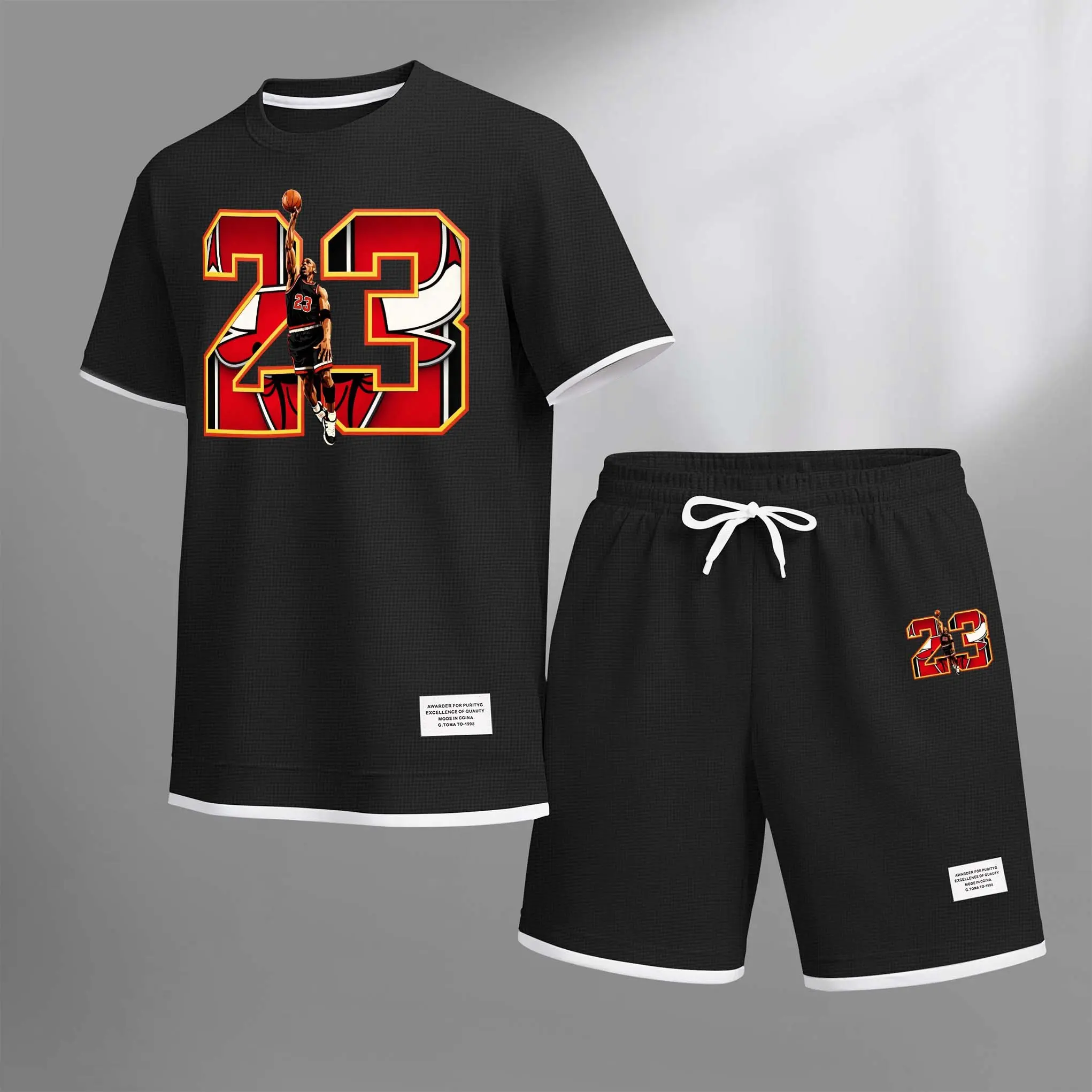 Men's 23-Print 2-Piece Basketball Drawstring Set - Short-Sleeved Shirt & Bottoms, Spring/Summer Casual Outfit, Suitable for Everyday Wear & Sports, Relaxed Energetic Lifestyle Workout Set Athletic Tops
