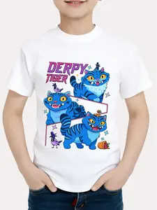 Kpop Demon Hunters Boy T-Shirt Derpy Tiger Print, Funny Blue Tiger Design, Soft Fabric, Casual Clothing, Cute Graphic Tee