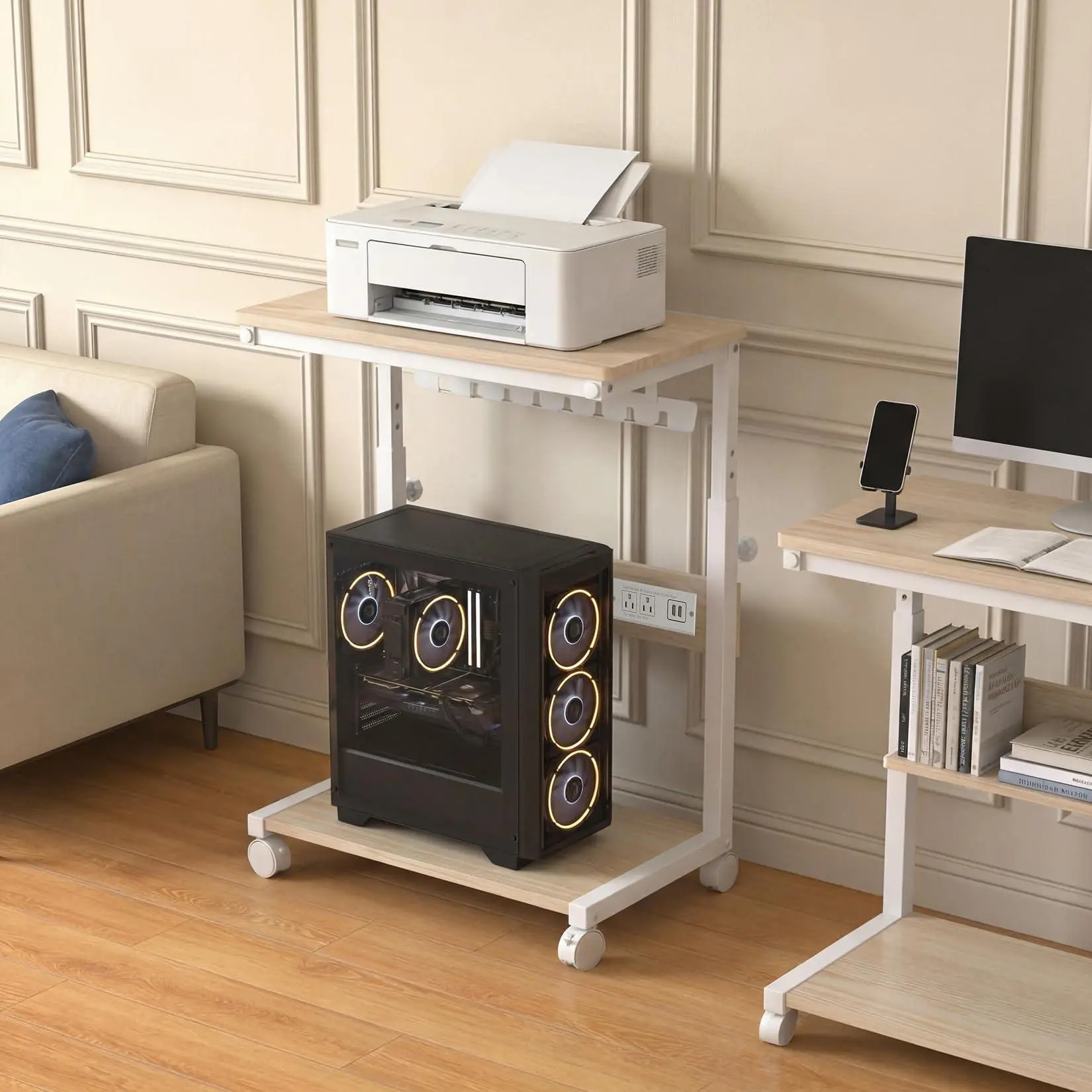 Adjustable 2-Tier Rolling Computer Tower Cart with Locking Wheels, Built-in USB Power Outlet, Heavy-Duty Wood & Steel Frame, Under Desk CPU Holder for Office or Home, Oak Color - US Standard