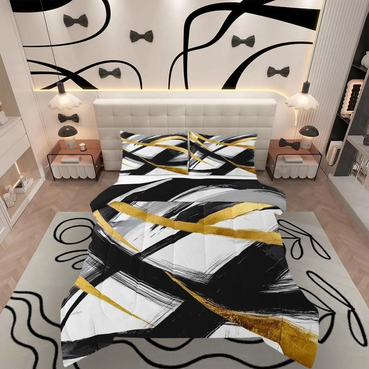 Black Gold Comforter Set Geometric Bedding Set Stripe Line Duvet Quilt Modern Abstract Bedroom Decor Microfiber