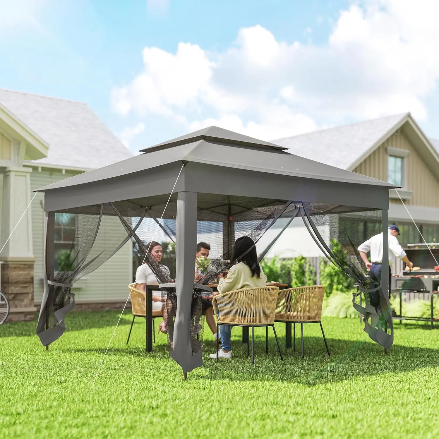 Crestholm 11x11 ft Pop-Up Gazebo with Double-Tier Vented Roof, Removable Zipper Mesh Netting, 114 Sq Ft Shade, 8 Stakes & Carry Bag for Backyard, Garden, Events