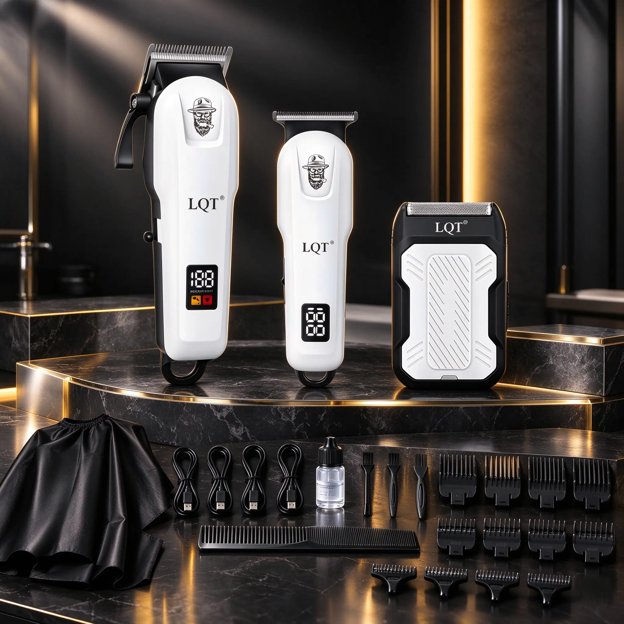 LQT Hair Clipper Set for Men, Cordless Grooming Kit with Digital Display, 2 White Clippers & Nose Hair Trimmer, Professional Barber Tools for Home Use, Complete Gift Set