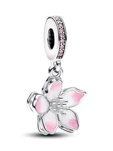 Silver Color Copper Charm Pendant, Floral Pattern Zircon Embedded, Rotatable Design, Elegant Sweet Style, Ideal Gift for Girlfriend and Mom, Copper Inlaid Zircon