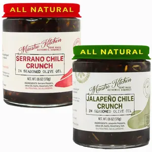 Spicy Serrano & Mild Jalapeno Pepper Chili Crisp Crunch - 6oz Variety 2 Pack - All Natural Chili Oil Hot Sauce 100% Olive Oil, Garlic & Rosemary - Crunchy Mexican Seasoning – Gluten Free Vegan